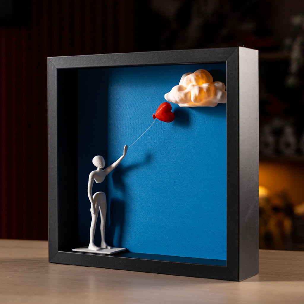 Floating Heart Balloon Shadow Box | 3D Printed Wall Art, Minimalist Cloud Decor