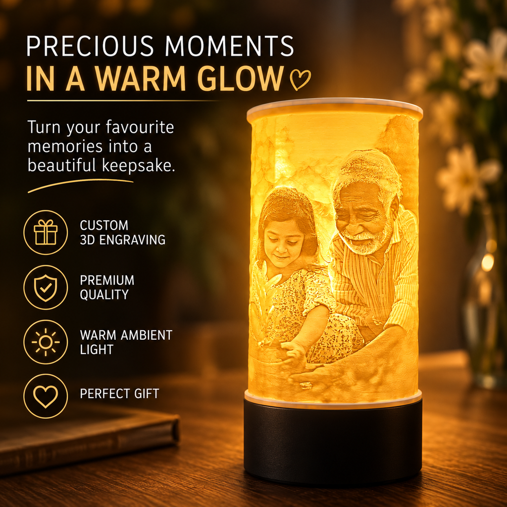 Litho Lamp – Cylindrical | Custom 3D Printed Photo Lamp (E27 with Bulb & Switch)