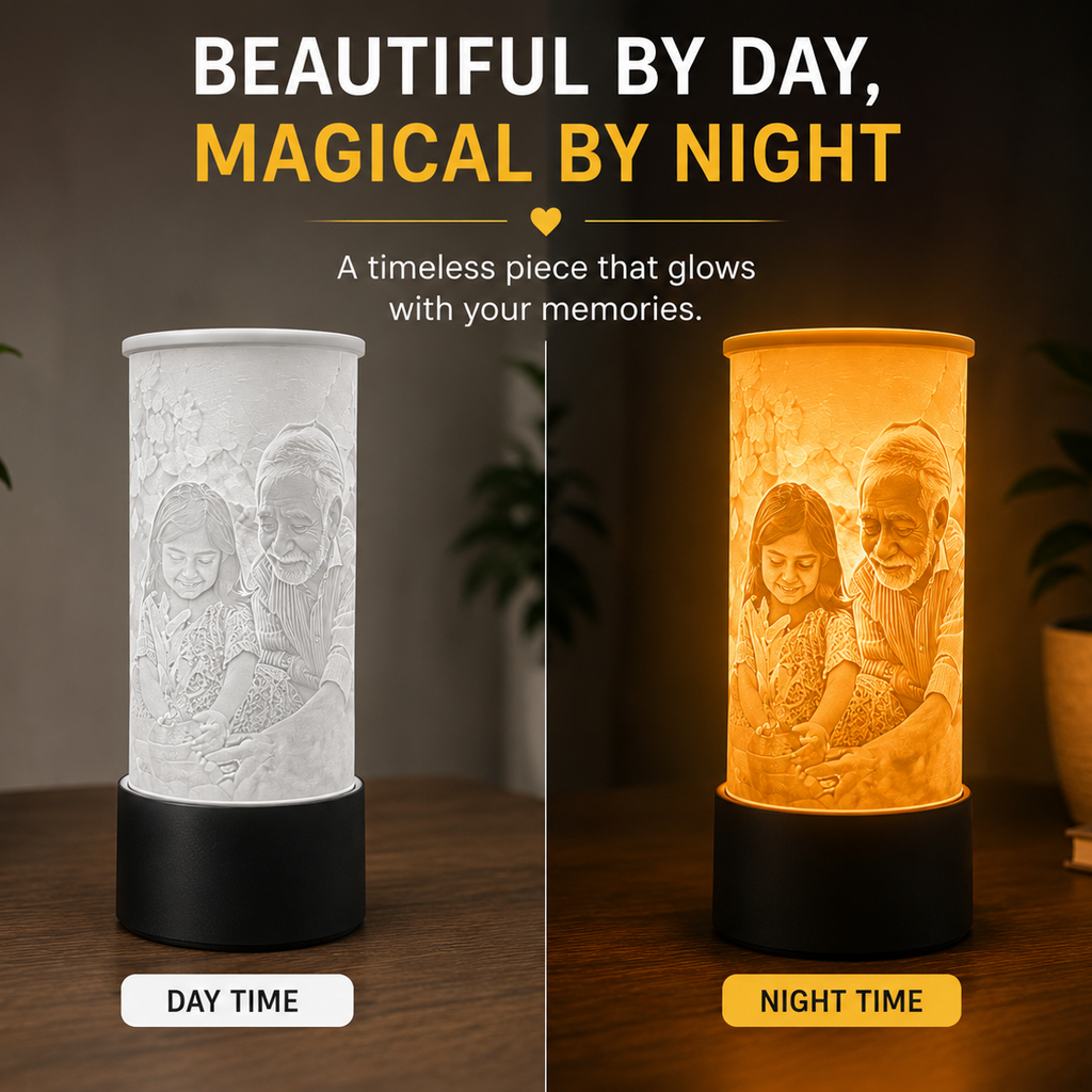 Litho Lamp – Cylindrical | Custom 3D Printed Photo Lamp (E27 with Bulb & Switch)