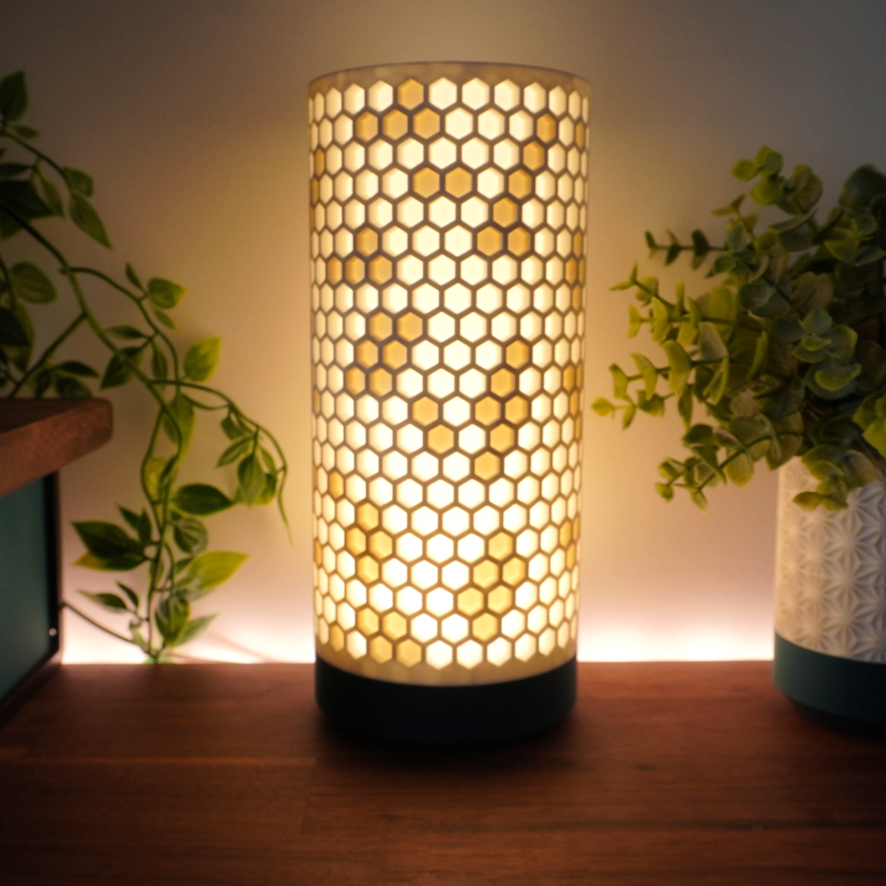 Decorative lamp with honeycomb pattern on a wooden surface with plants in the background