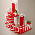 A decorative spiral staircase wall shelf with bright red steps and white railings, featuring two red doors and small potted plants, shown against a plain beige wall.