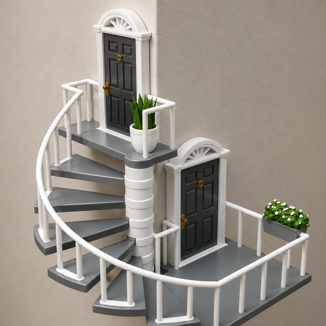 A miniature spiral staircase model with gray steps and white railings, featuring two black arched doors with gold handles and small potted green plants, shown against a neutral beige background.
