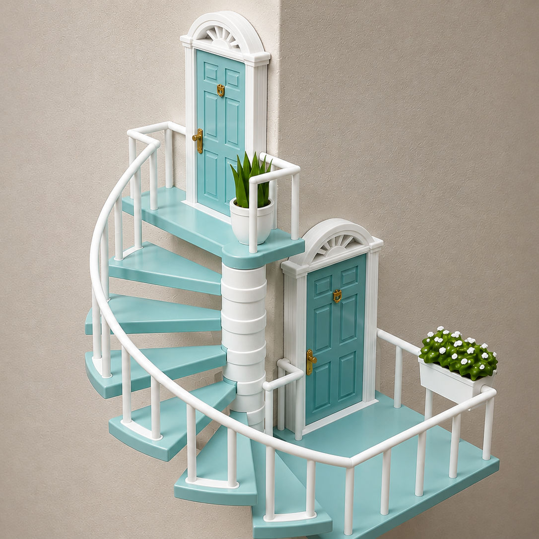 A miniature spiral staircase shelf with light blue steps and white railings, featuring two matching light blue doors with gold handles and small potted plants, set against a neutral beige background.